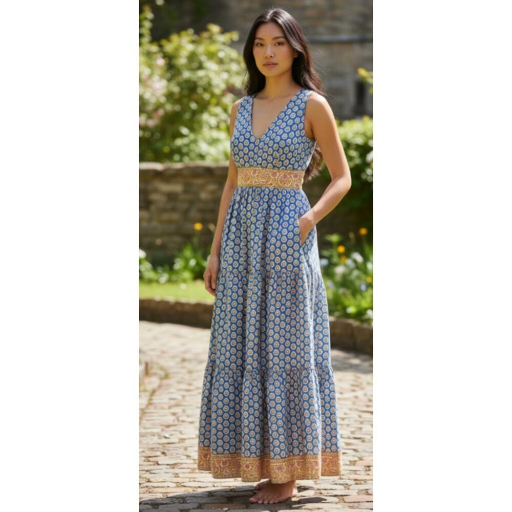 J.Crew Point Sur Royal Block Print Tiered Maxi Dress size 6